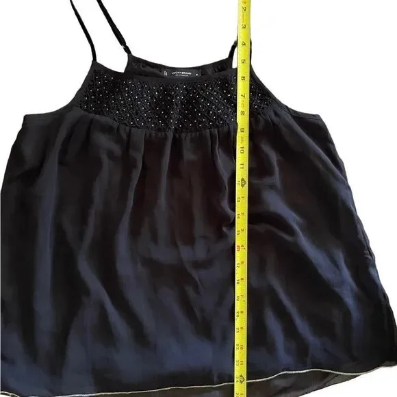 Lucky brand black silver flowy sheer smocked camisole w/gold trim hem sz M - Picture 13 of 16